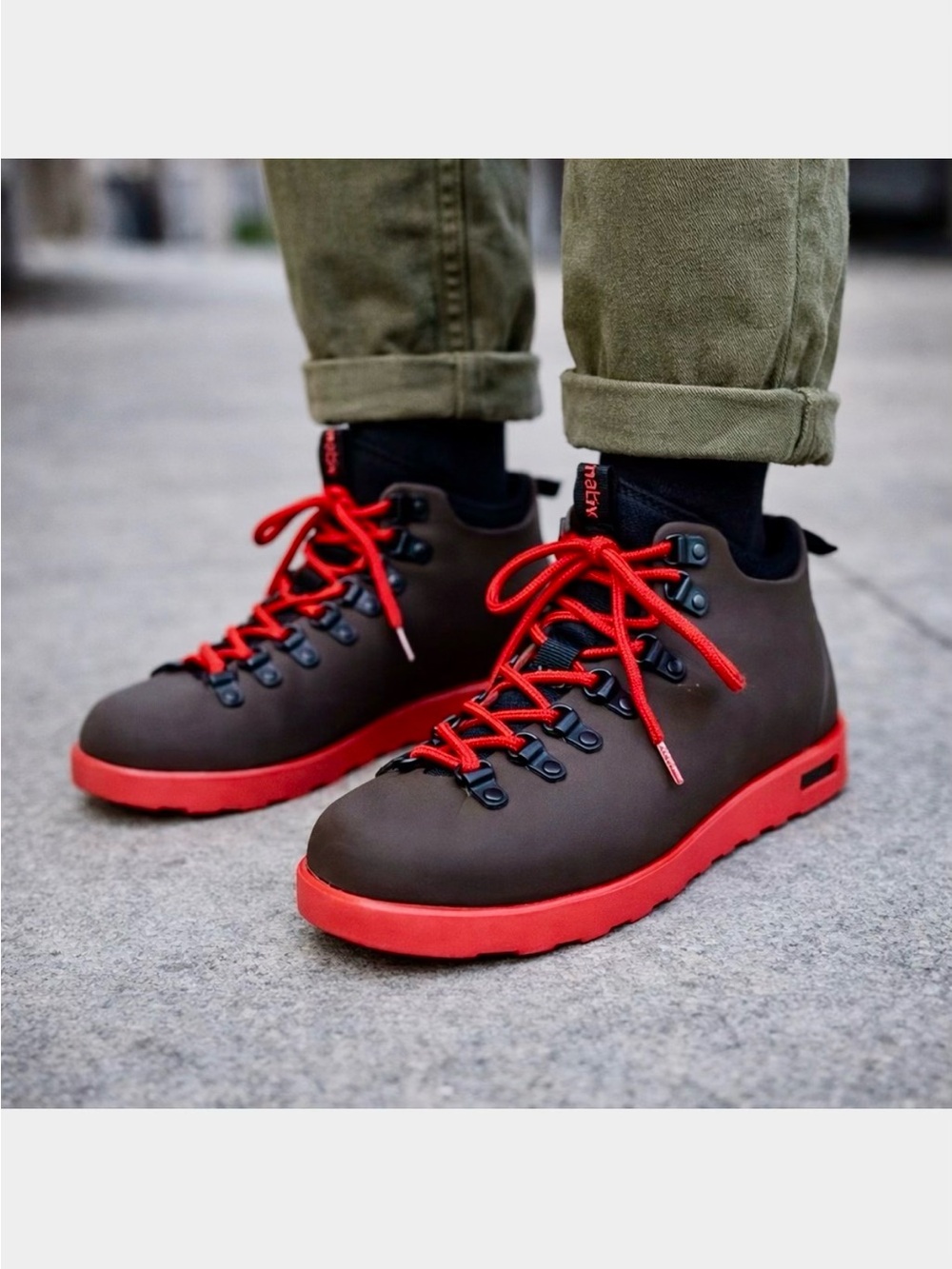 Native Shoes Brown Boots with Red Laces and Red Sole